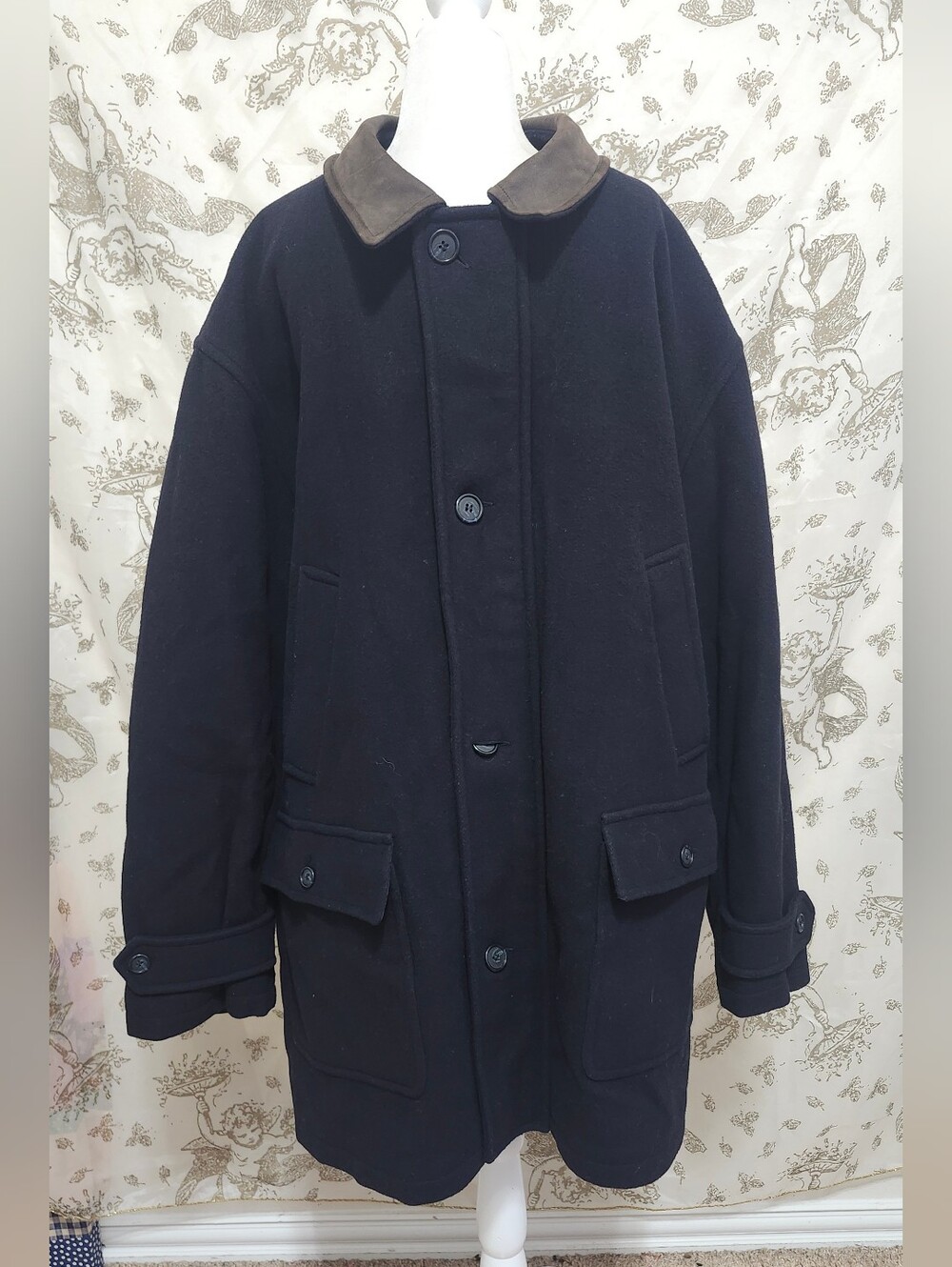 VTG Jos. A Bank Navy Wool Car Coat With Brown Leather Collar Zip/Button Up 3x